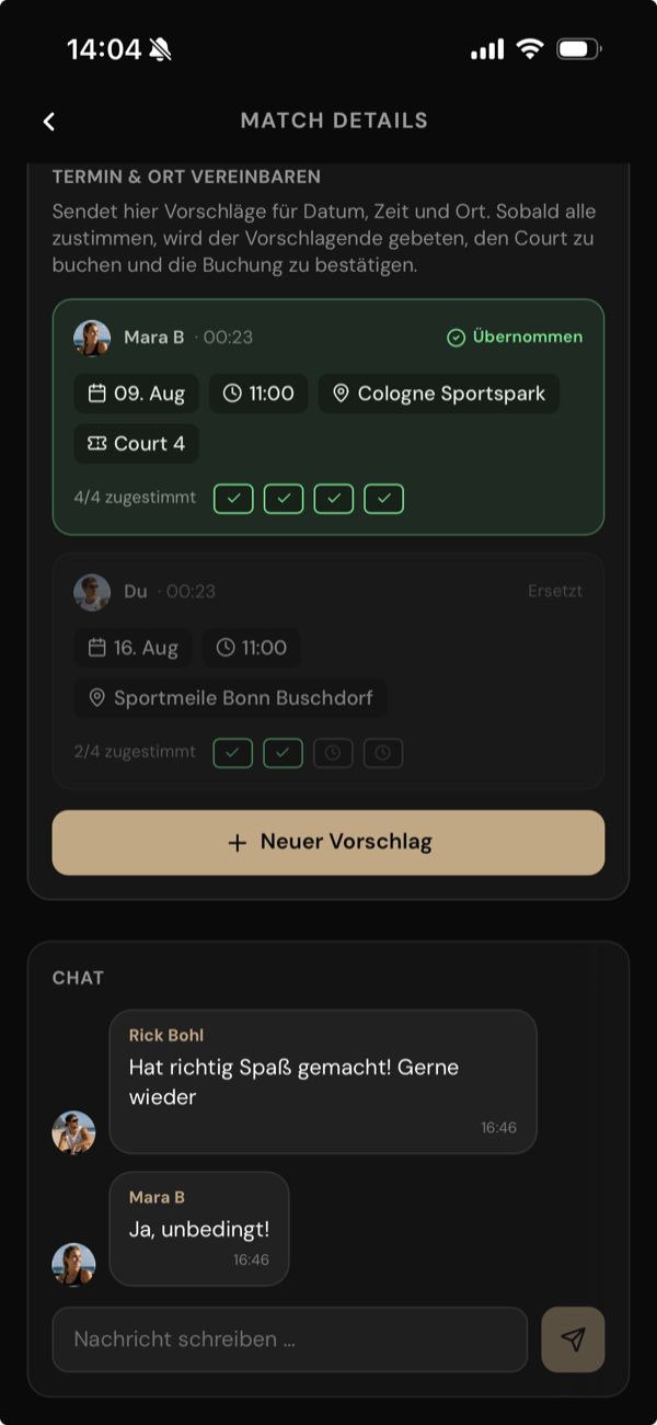 Match-Details in Side-out: ein Terminvorschlag mit 4 von 4 Zustimmungen sowie der Match-Chat